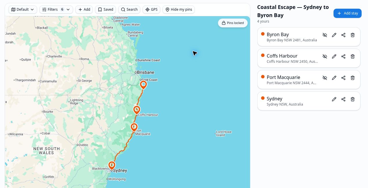 Trip Tracka route map showing saved stops and route lines