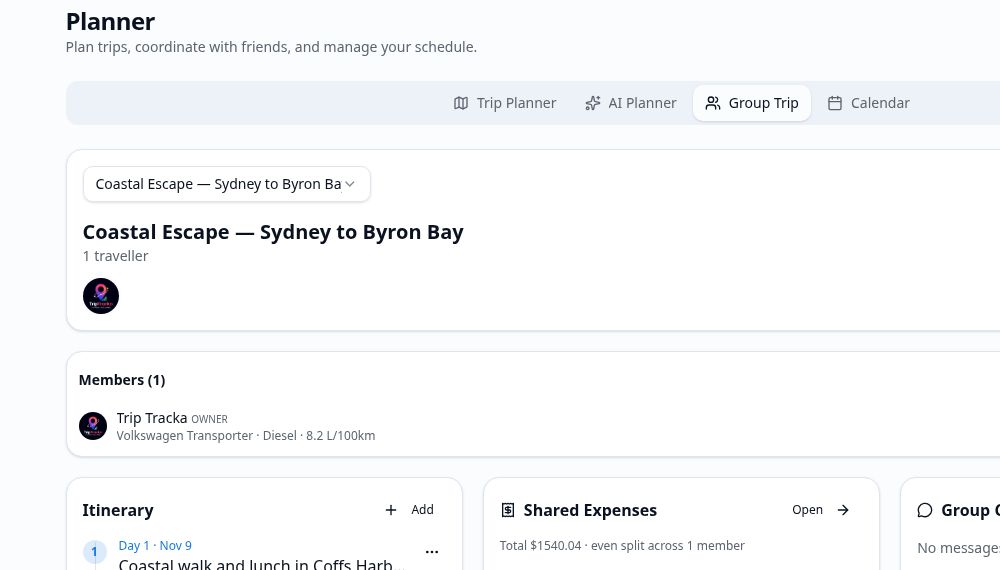 Group trip workspace with a planned itinerary activity