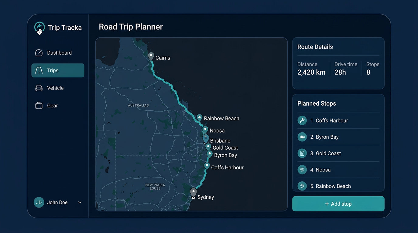 Trip Tracka road trip planner showing route and stops